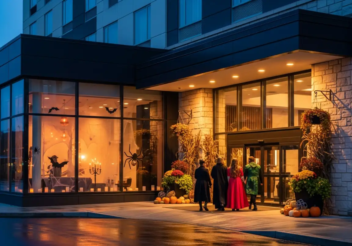Hotels near Nightmare on Chicago Street in Elgin with Halloween decorated entrance
