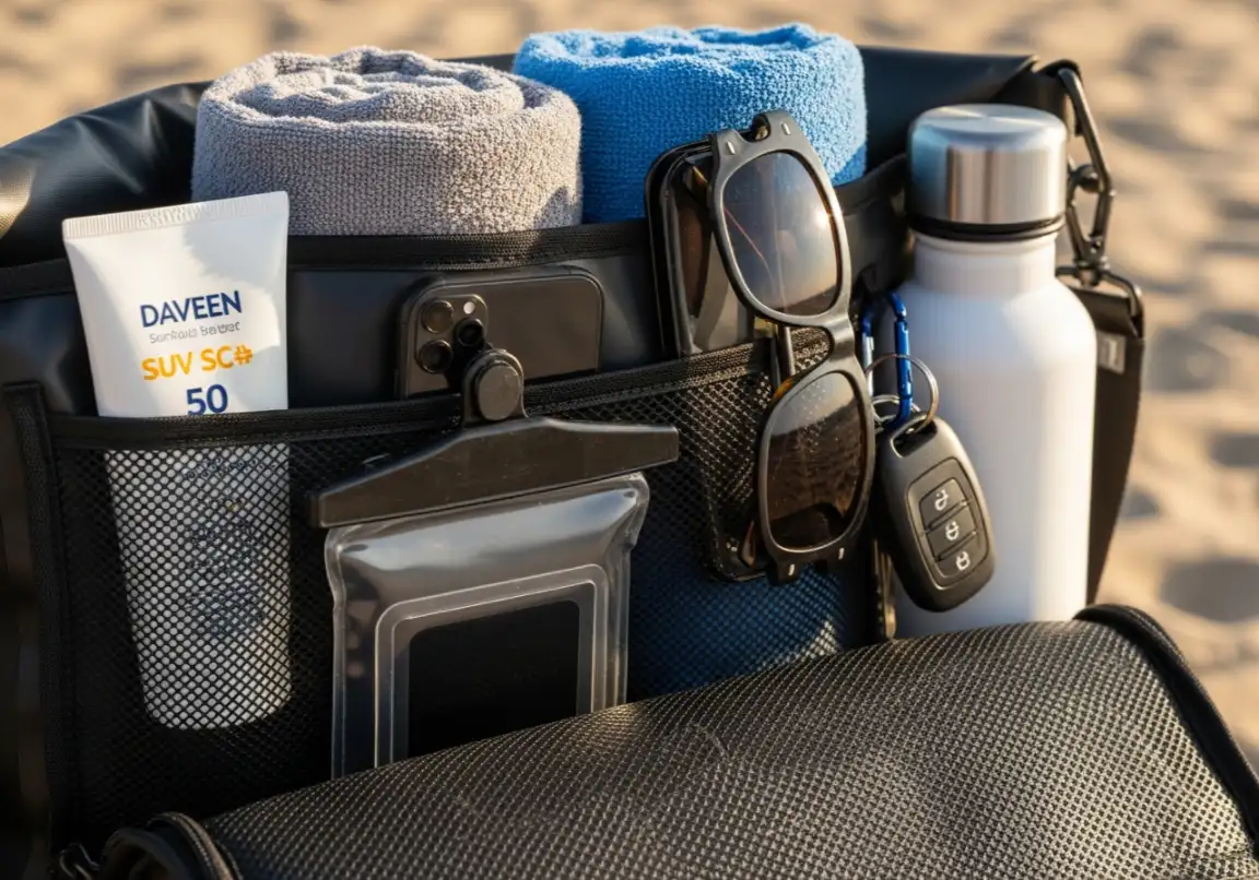 How to pack for the perfect beach day showing waterproof beach bag filled with sunscreen, towels, and summer accessories