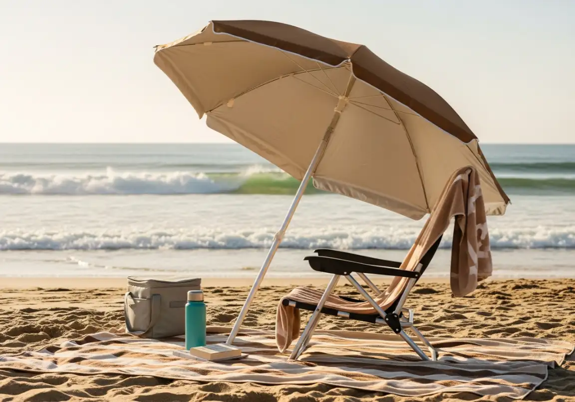 Pack for the perfect beach day with portable beach chair, beach umbrella shade, and oversized beach towels for ultimate comfort
