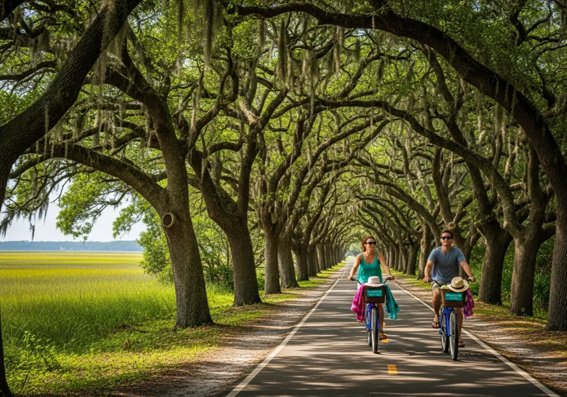 Jekyll Island bike tours - couple riding beach cruisers on car-free paths through historic and natural areas