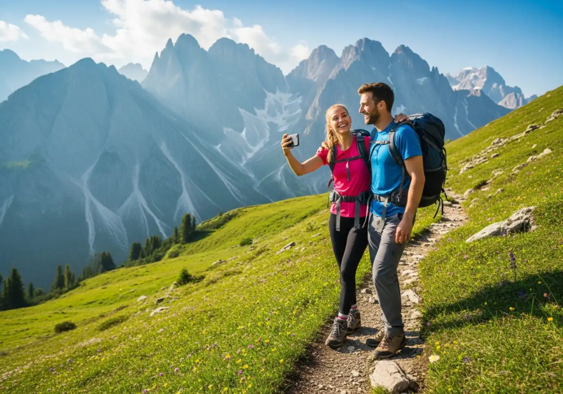 Couple enjoying free hiking activity while planning a vacation on a budget