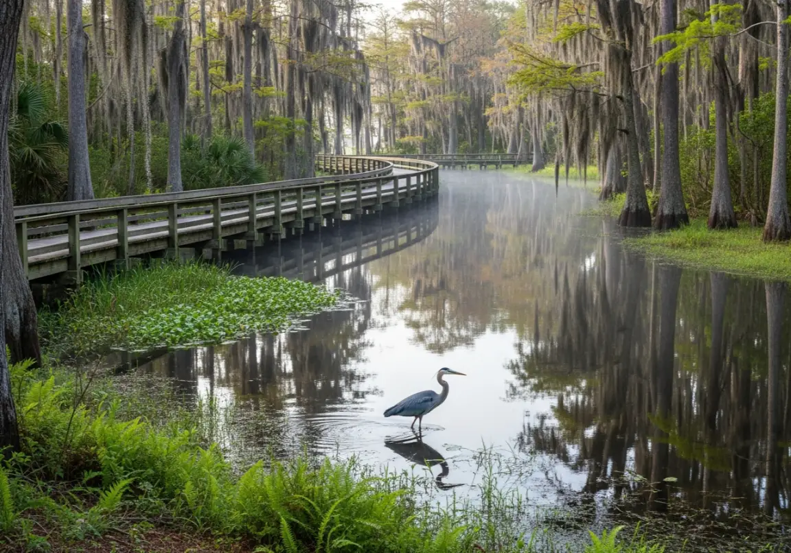 Jekyll Island nature attractions - scenic boardwalk at Horton Pond featuring herons and cypress trees
