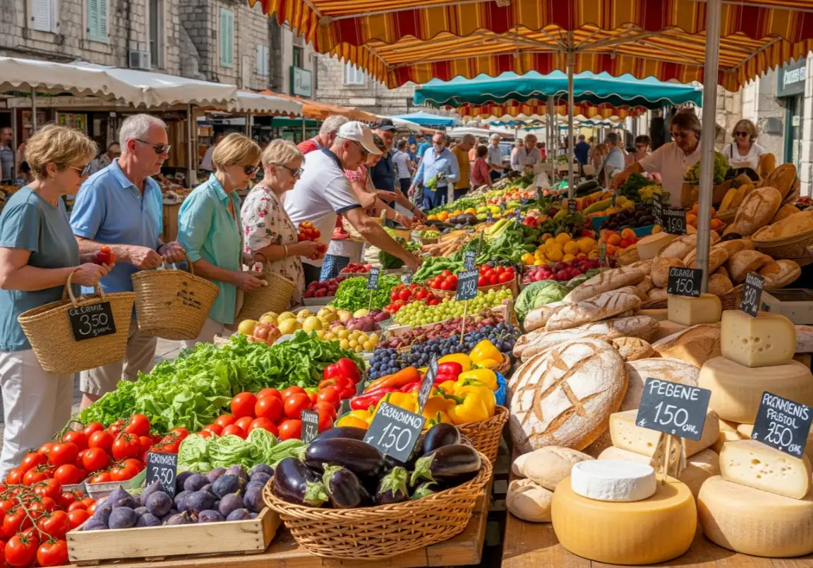 Shopping at local market for affordable meals to plan a vacation on a budget
