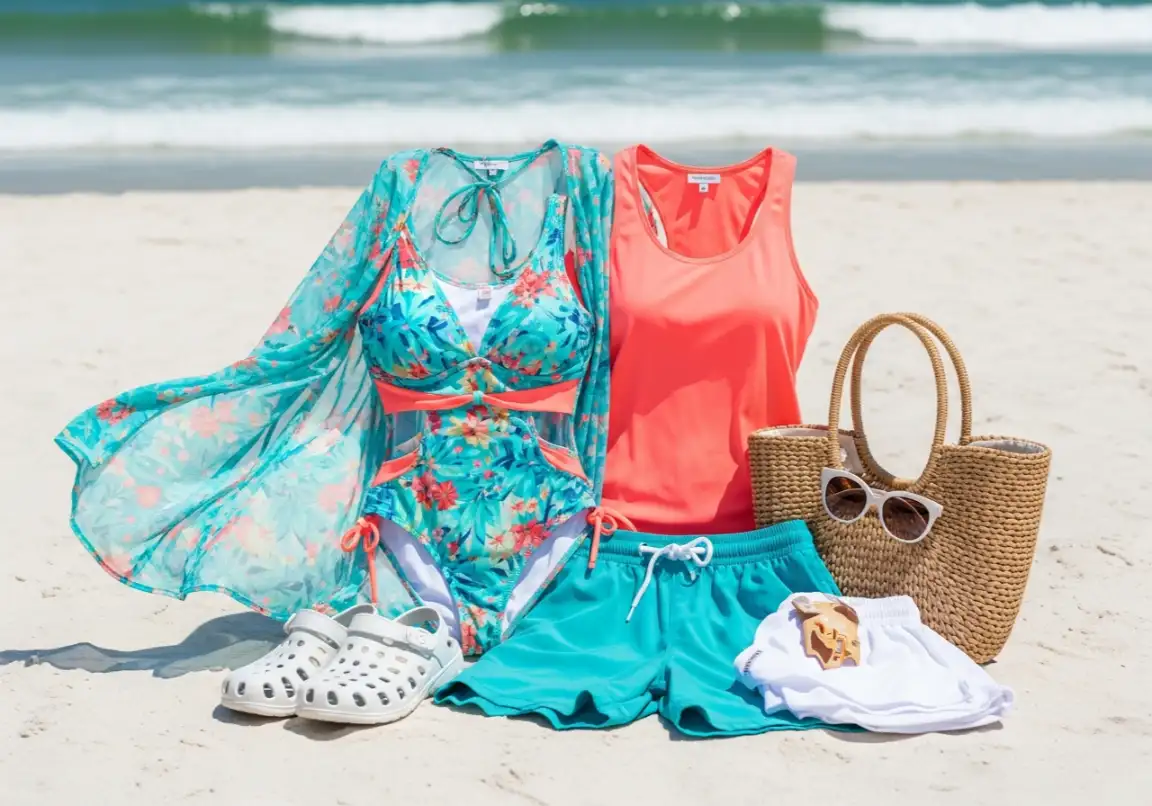 Complete beach day outfit ideas showing stylish swimsuits, swim coverups, beach sandals, and summer accessories for the perfect beach day
