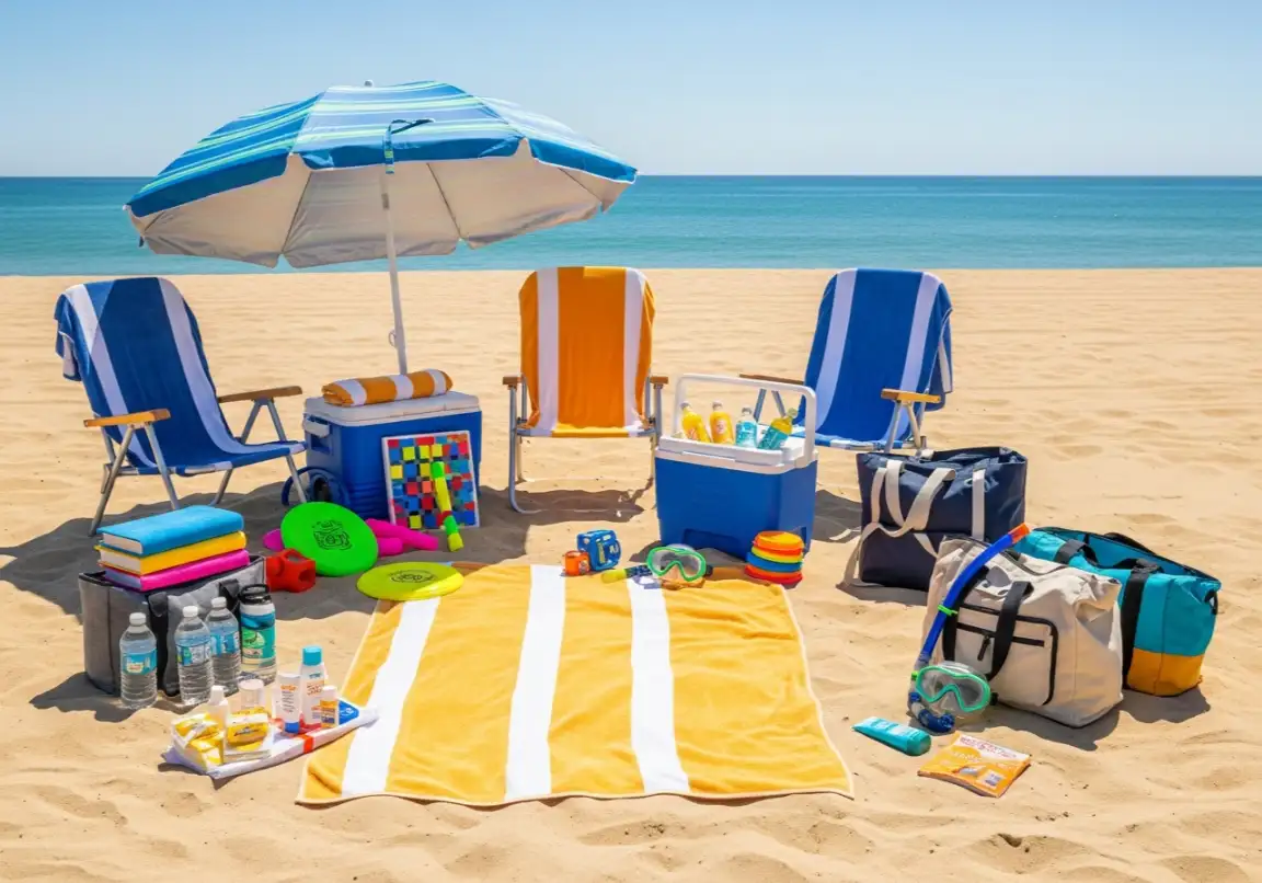 How to pack for the perfect beach day showing complete beach setup with all essential items, activities, and accessories organized on the sand