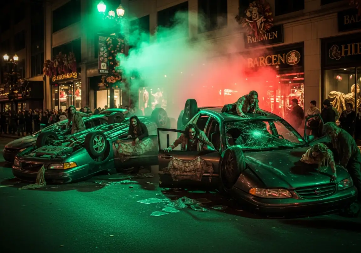 Nightmare on Chicago Street in Elgin zombie apocalypse decorations with abandoned vehicles