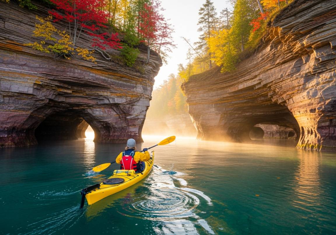 Lake Superior fall colors at Apostle Islands National Lakeshore near Bayfield Wisconsin showing autumn kayaking adventure