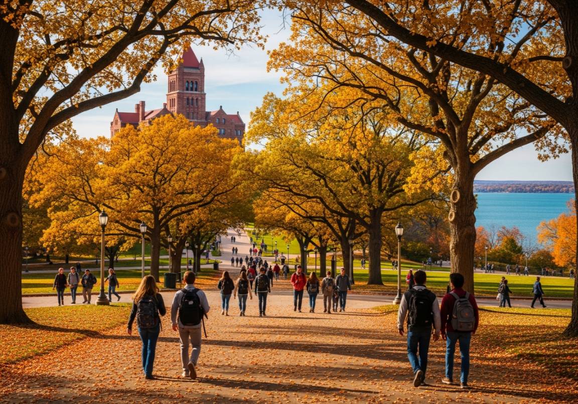 Madison fall activities at Bascom Hill UW Madison with autumn leaves and Lake Mendota views showcasing Wisconsin fall getaways
