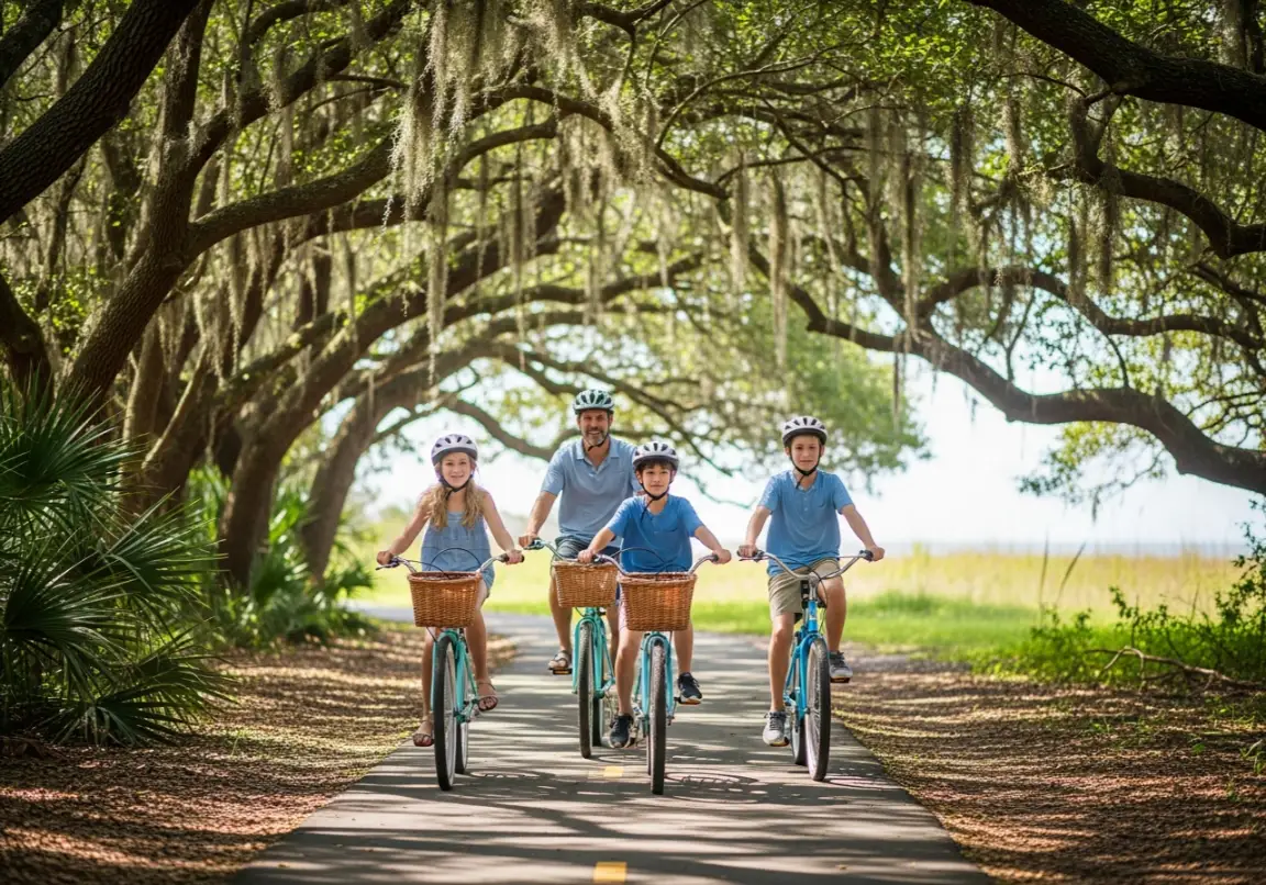 Family biking on scenic trails when visiting Jekyll Island Georgia for outdoor adventures