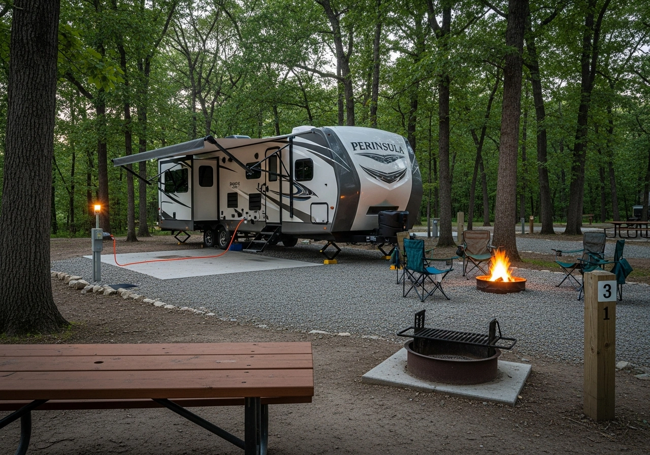 Well-equipped modern campsite in Peninsula State Park, Door County, WI featuring RV setup with picnic table, fire ring, and forest surroundings