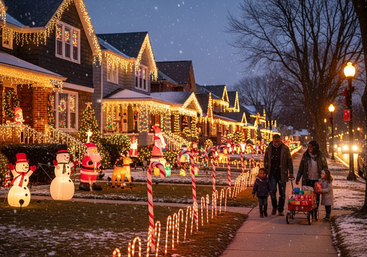 "Candy Cane Lane West Allis residential neighborhood featuring coordinated Christmas light displays and community decorations