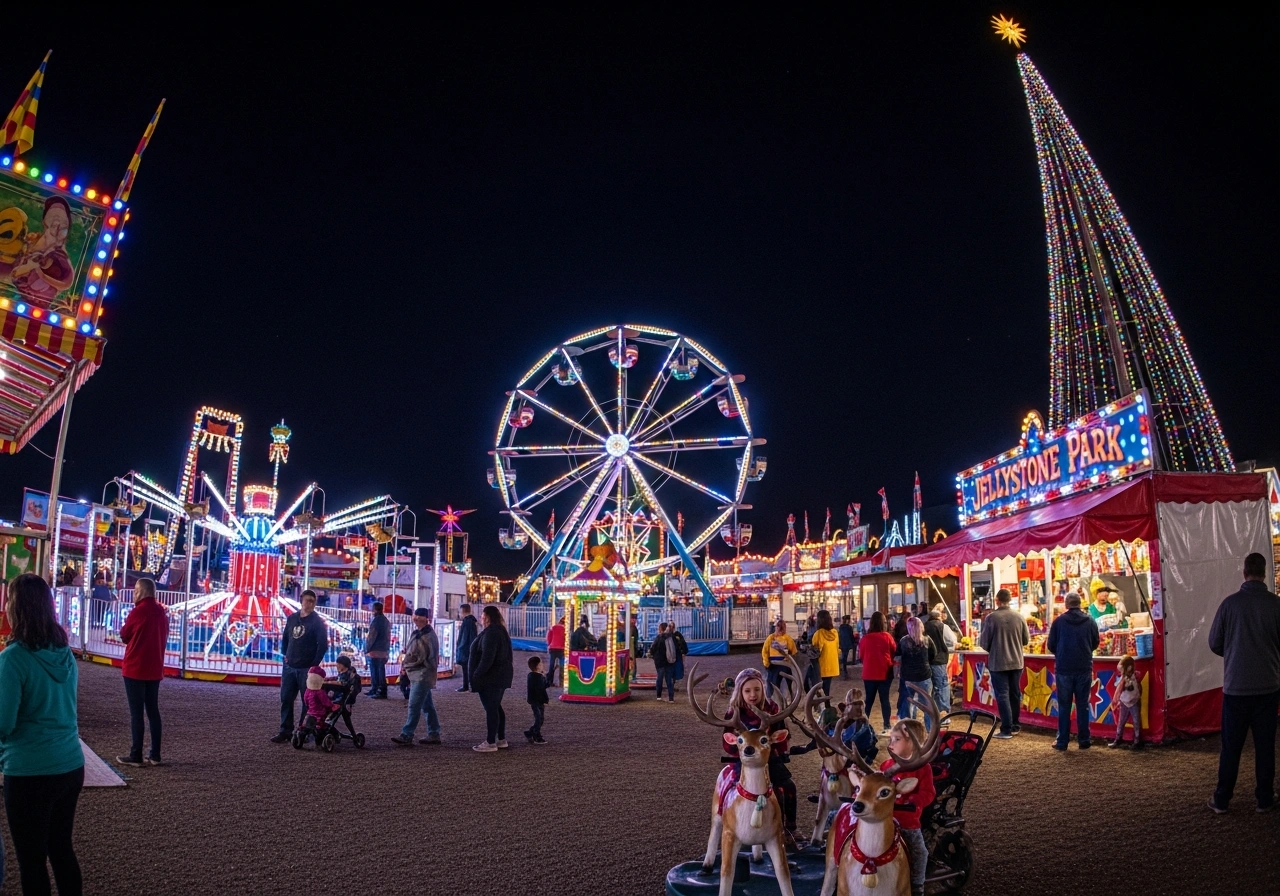 Christmas Carnival of Lights at Jellystone Park Caledonia featuring carnival rides and millions of holiday lights