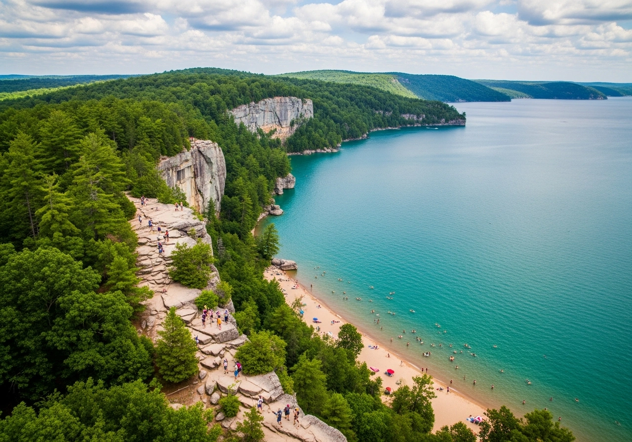 Aerial view of Devil's Lake State Park showing towering quartzite bluffs and clear blue waters in Baraboo Wisconsin
