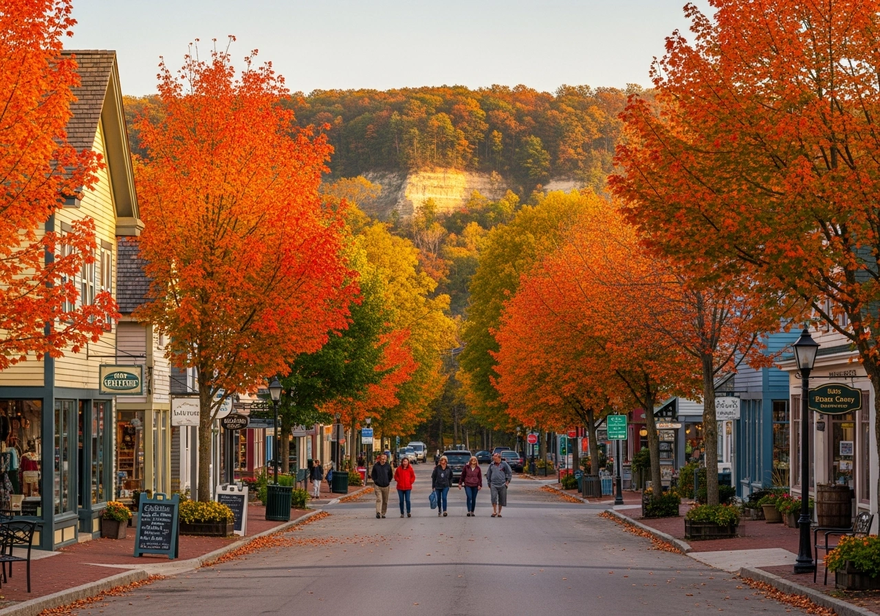 Historic downtown Fish Creek in Door County Wisconsin with autumn foliage and charming shops