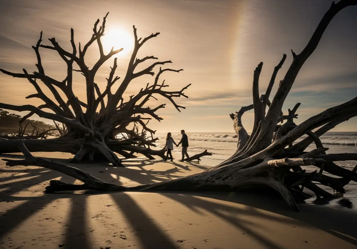 Iconic Driftwood Beach sunset scene perfect for photography when visiting Jekyll Island Georgia coast