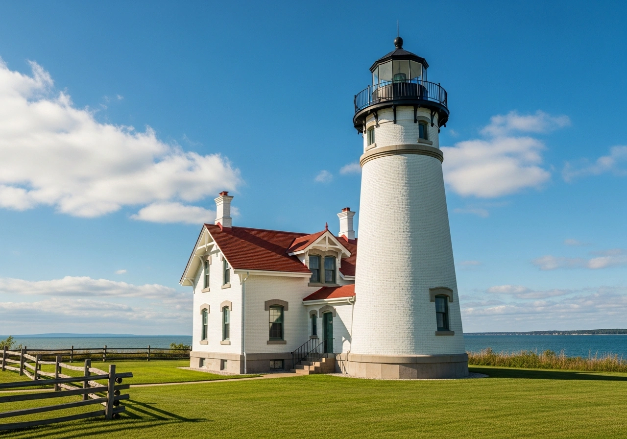 Eagle Bluff Lighthouse at Peninsula State Park, Door County, WI with white tower standing against blue sky and Green Bay waters in background