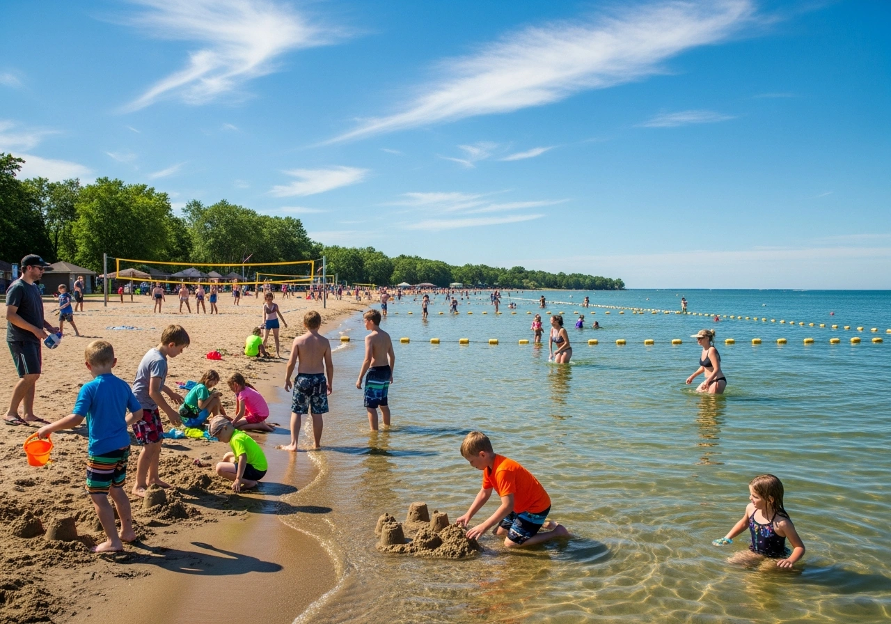 Families enjoying swimming and beach activities at Nicolet Beach in Peninsula State Park, Door County, WI with sandy shoreline and Green Bay waters
