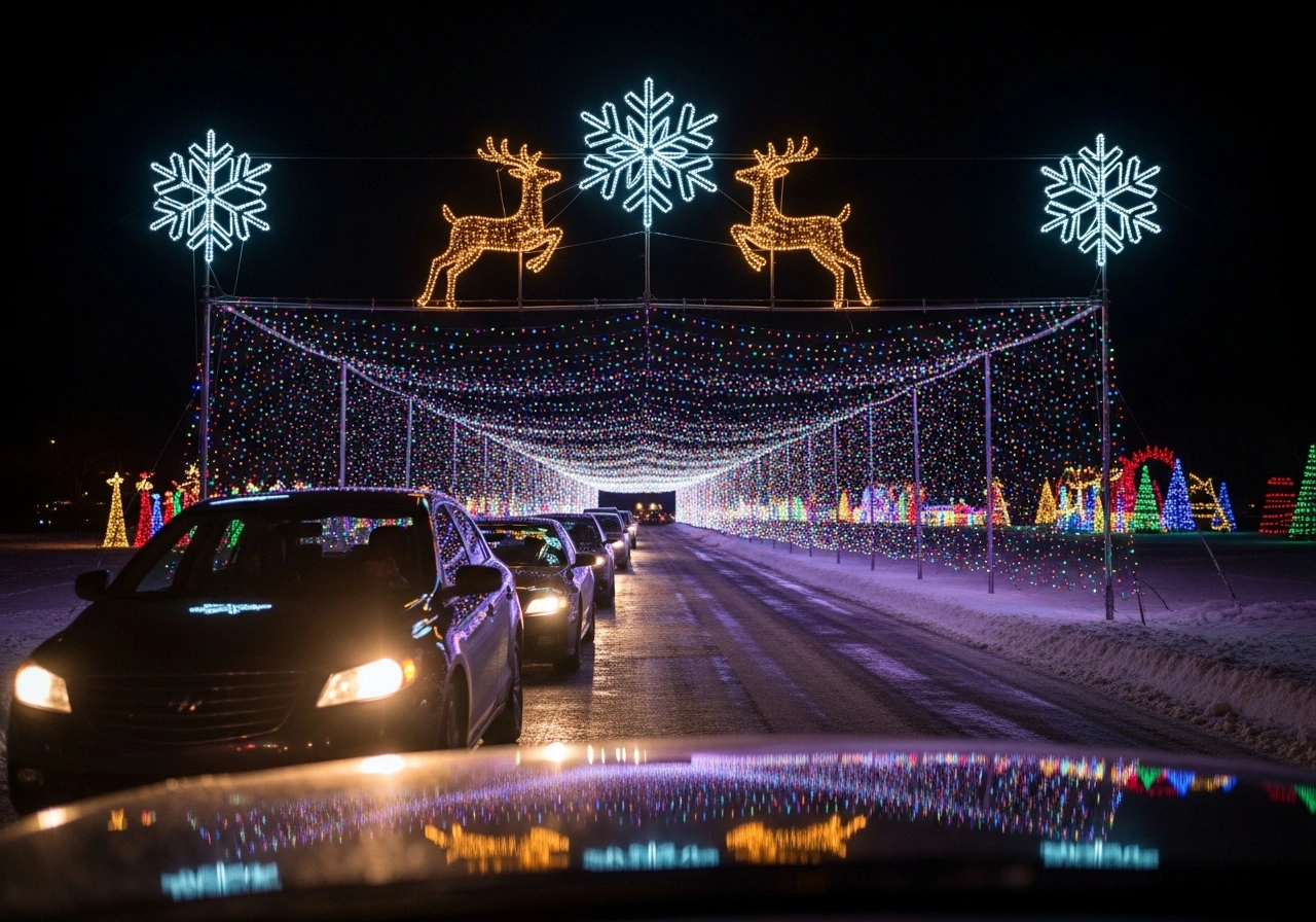 Holiday Fantasy in Lights Madison drive-through display featuring synchronized musical light show at Olin Park
