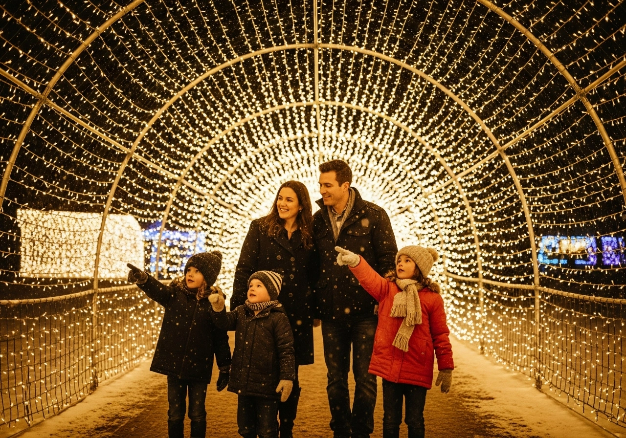 Family enjoying Wisconsin holiday lights walking through illuminated tunnel at festive light display