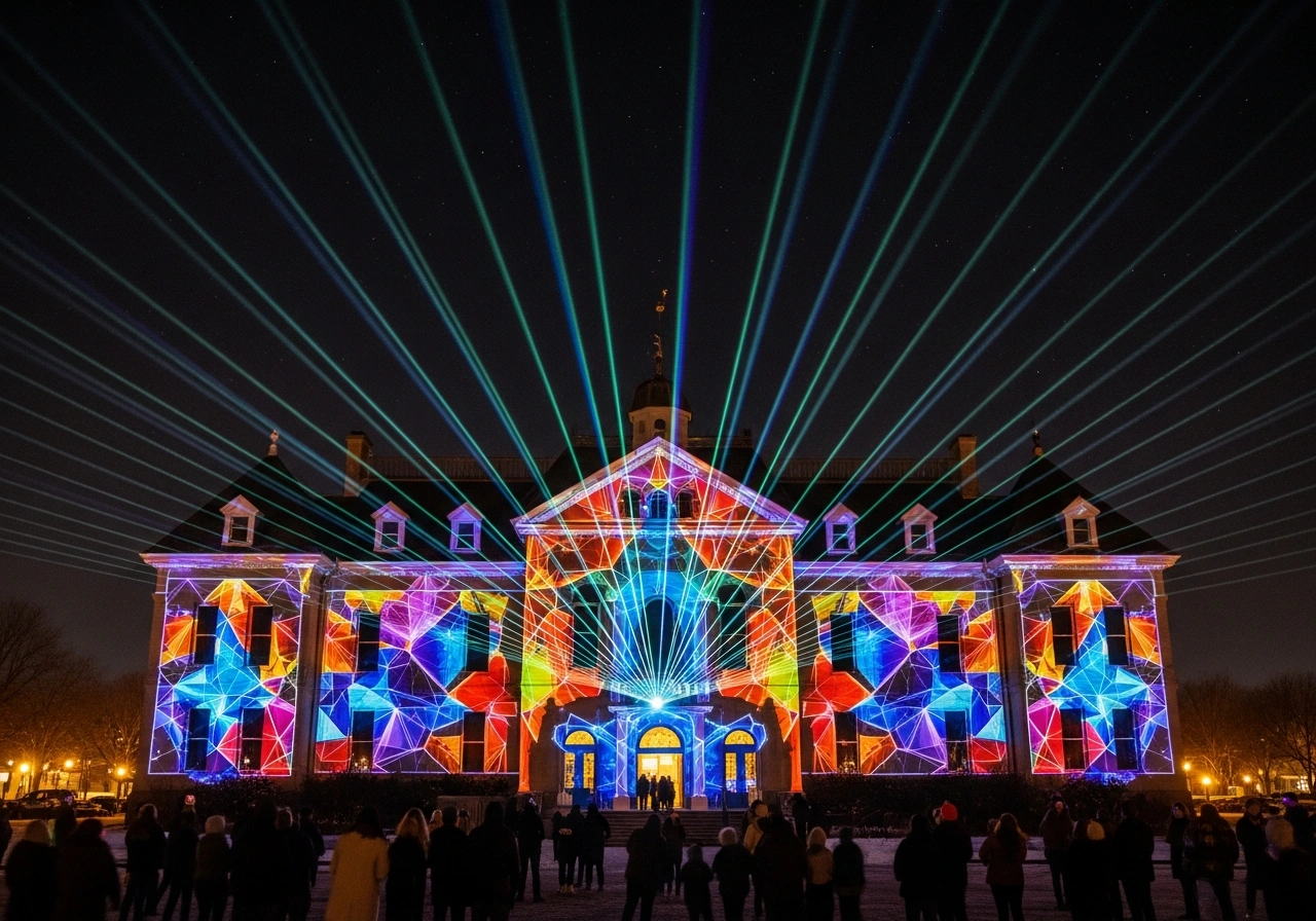 Janesville Holiday Light Show featuring projection mapping and laser displays at Palmer Park Wisconsin