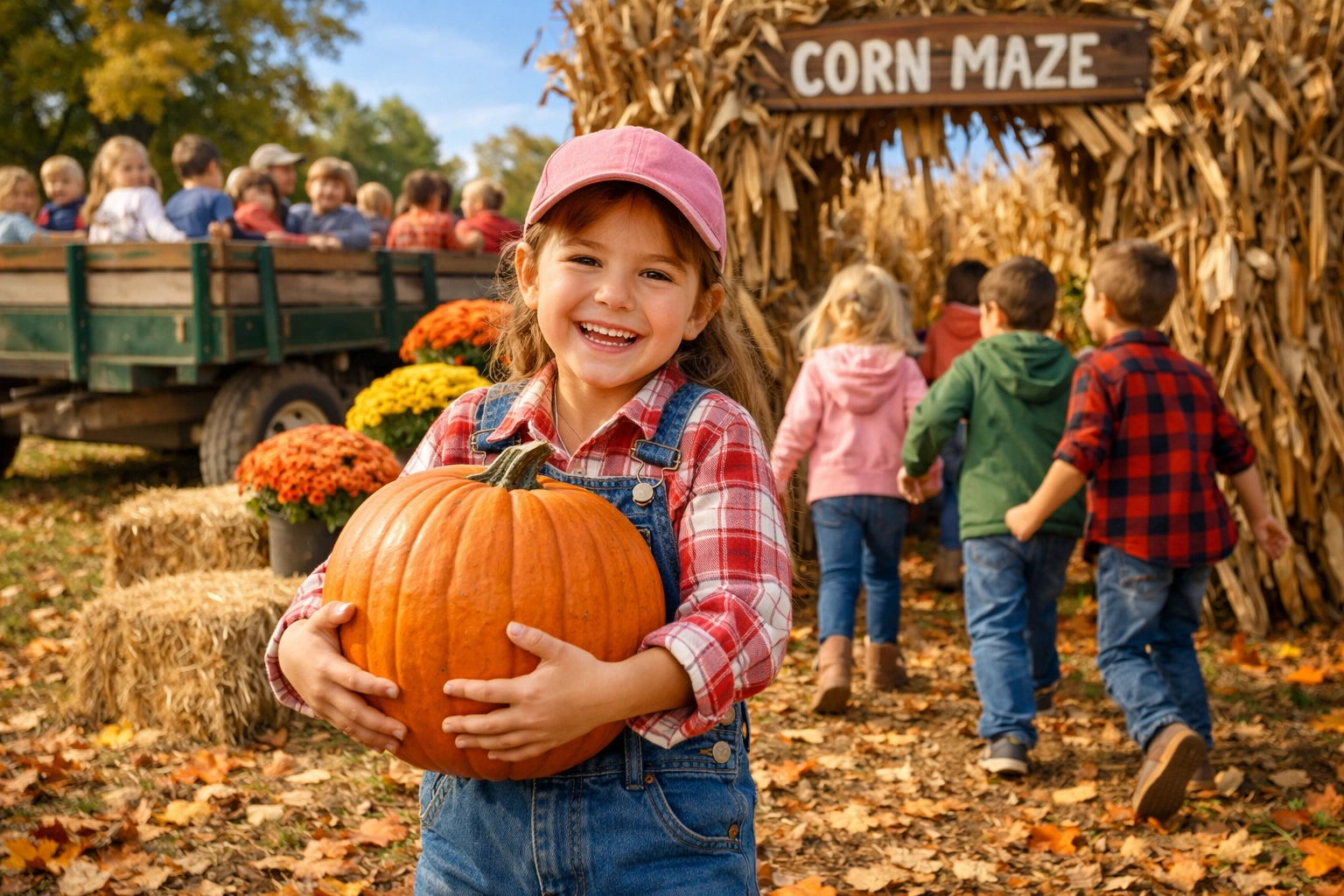 Children having fun at pumpkin patch and corn maze at apple picking farms near Madison area