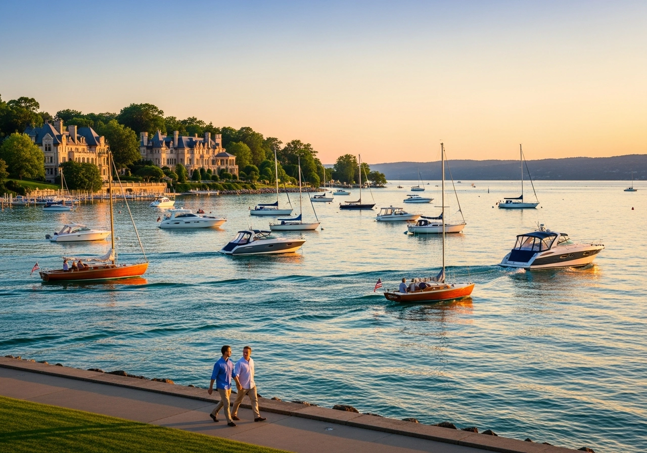 Romantic sunset view of Lake Geneva Wisconsin waterfront with historic mansions and sailboats