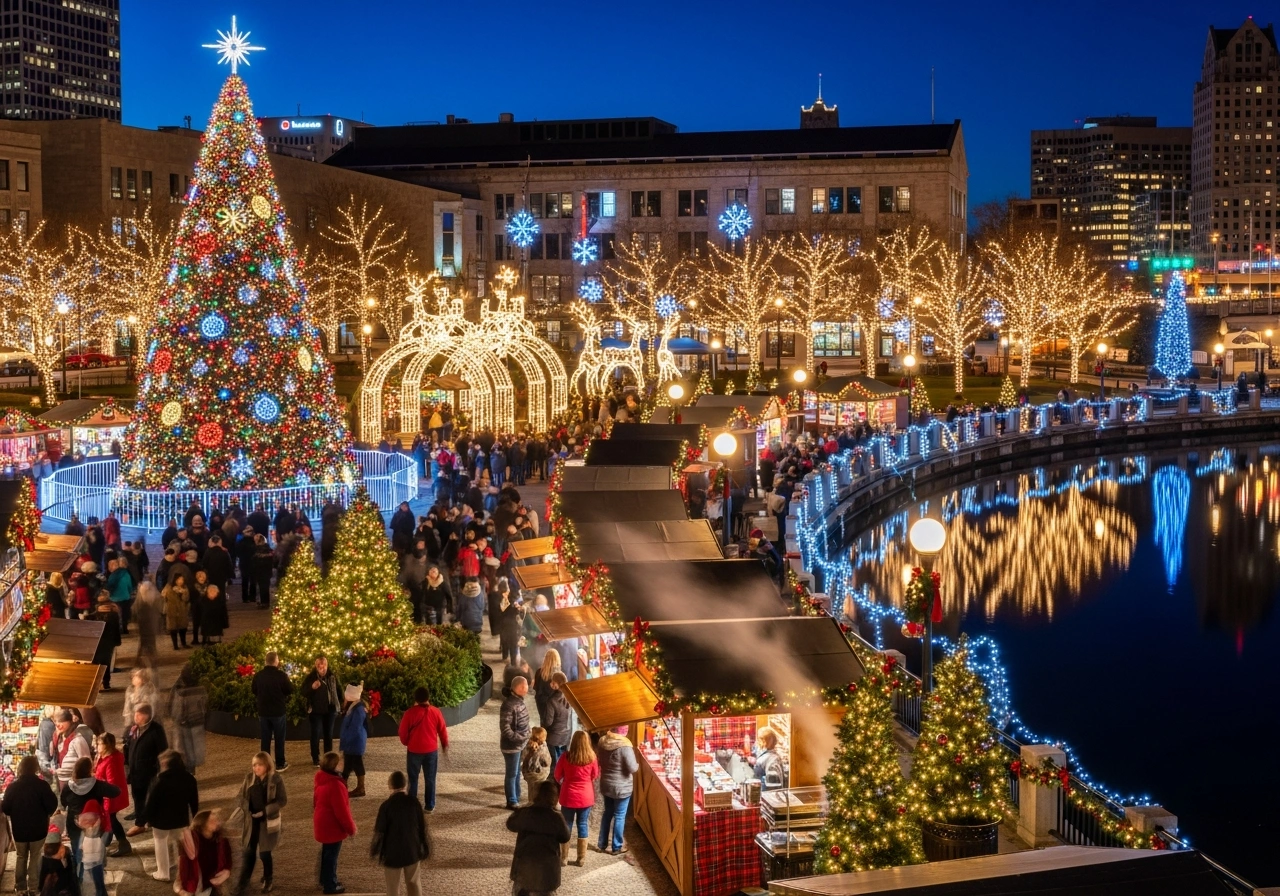 Milwaukee Holiday Lights Festival at Cathedral Square Park featuring massive Christmas tree and downtown illumination