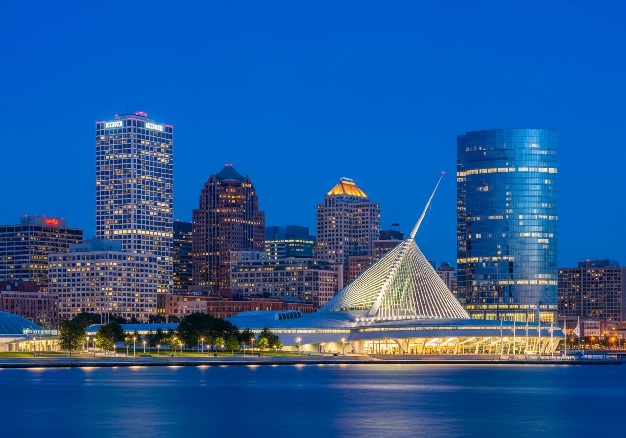 Milwaukee Wisconsin skyline at twilight featuring the iconic Art Museum and Lake Michigan waterfront