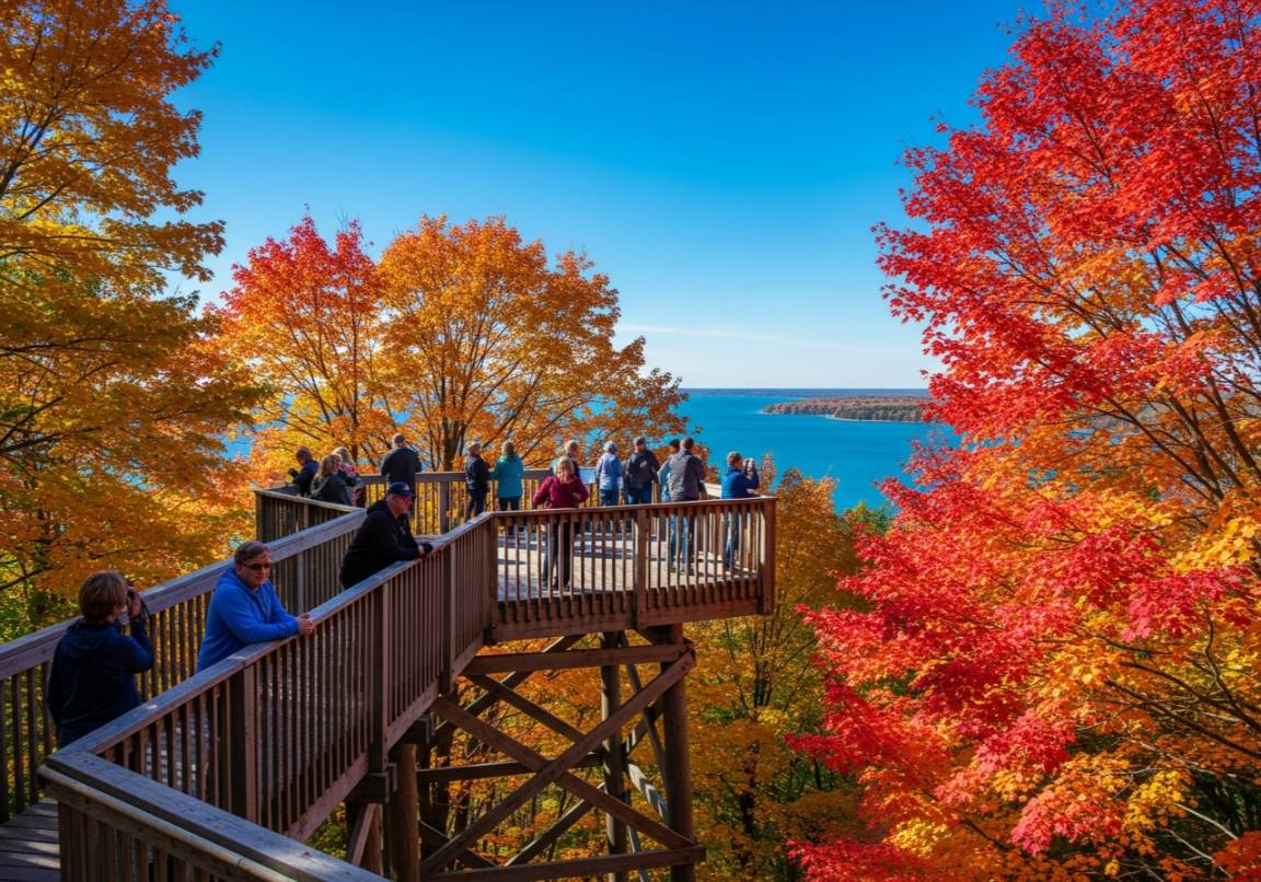 Door County fall colors from Eagle Tower at Peninsula State Park showing peak Wisconsin fall foliage