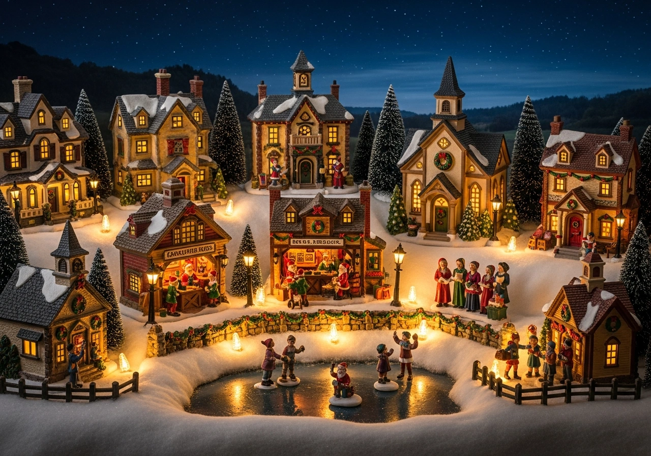 Sam's Christmas Village Somerset featuring miniature illuminated buildings and nostalgic holiday scenes in Wisconsin countryside