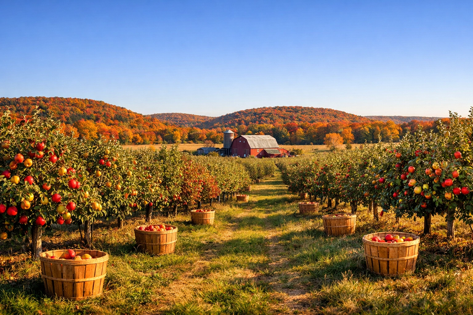Beautiful rows of apple trees at apple picking farms near Madison with fall foliage and red barn
