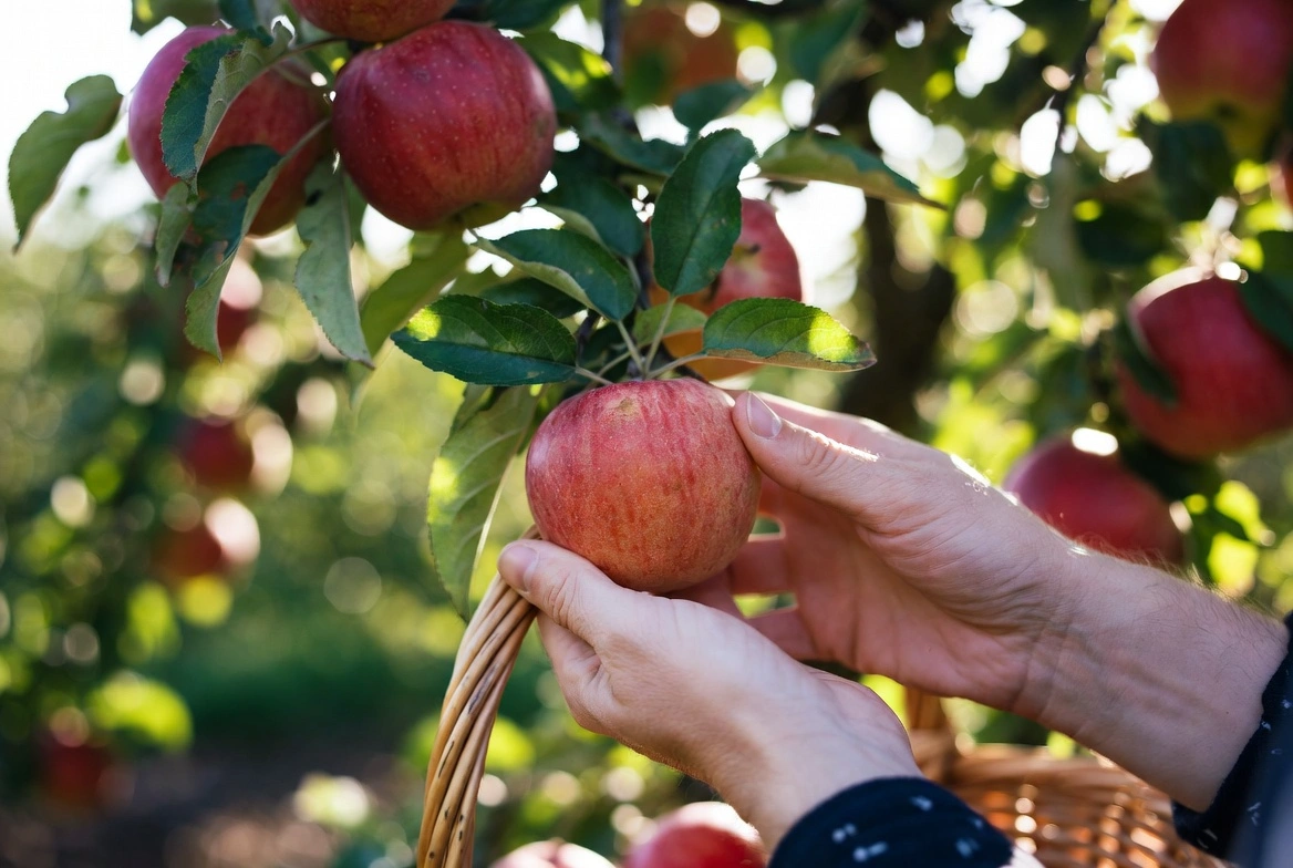 Top farms for fall fun around Madison WI featuring hands picking fresh red apples from tree branches during autumn harvest season at local orchard