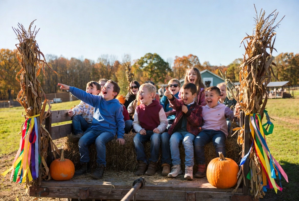 Top farms for fall fun around Madison WI featuring happy children riding decorated hay wagon during hayride at family-friendly farm with autumn decorations and pumpkins