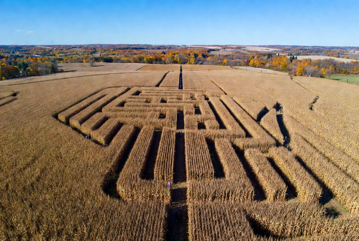 Top farms for fall fun around Madison WI showing aerial view of intricate corn maze design carved through tall cornfield during autumn season