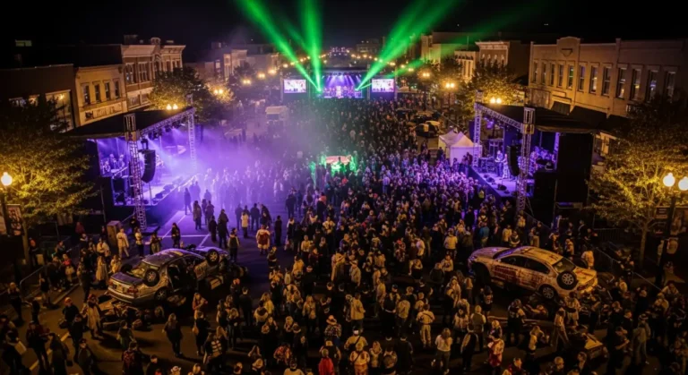 Nightmare on Chicago Street in Elgin Illinois massive Halloween festival aerial view with crowds