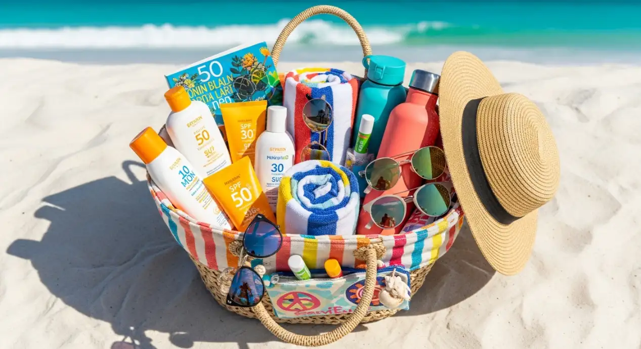 Pack for the perfect beach day with essential items including beach bag, sunscreen, towels, and accessories laid out on sand