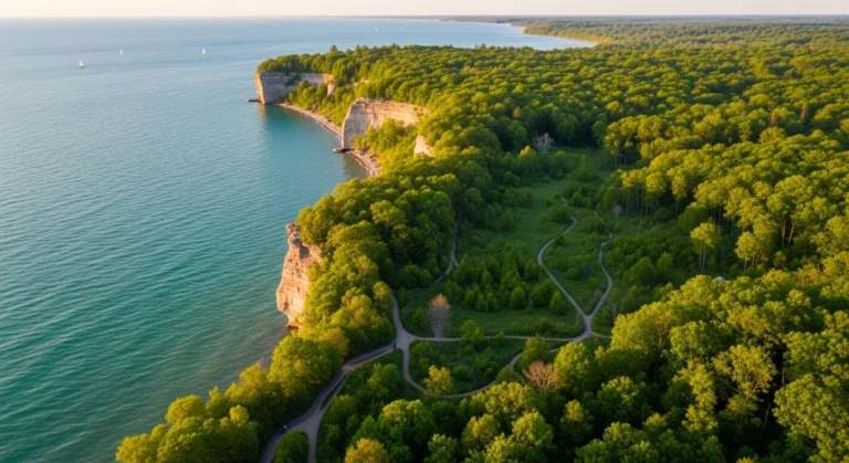 Stunning aerial photograph of Peninsula State Park, Door County, WI showcasing dramatic limestone bluffs along Green Bay shoreline with dense forest canopy
