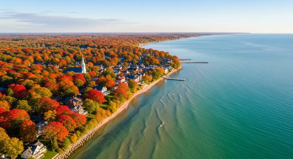 Fall color getaways in Wisconsin featuring Door County peninsula with vibrant autumn foliage along Lake Michigan shoreline
