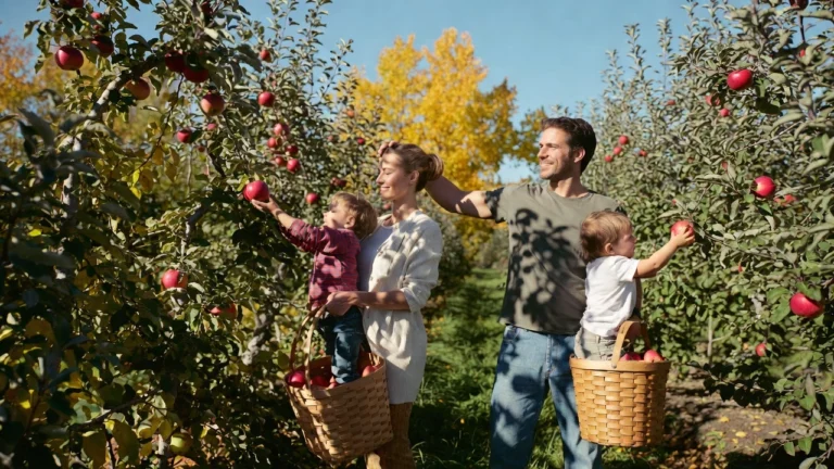 Family picking fresh apples at apple picking farms near Madison WI during fall harvest season