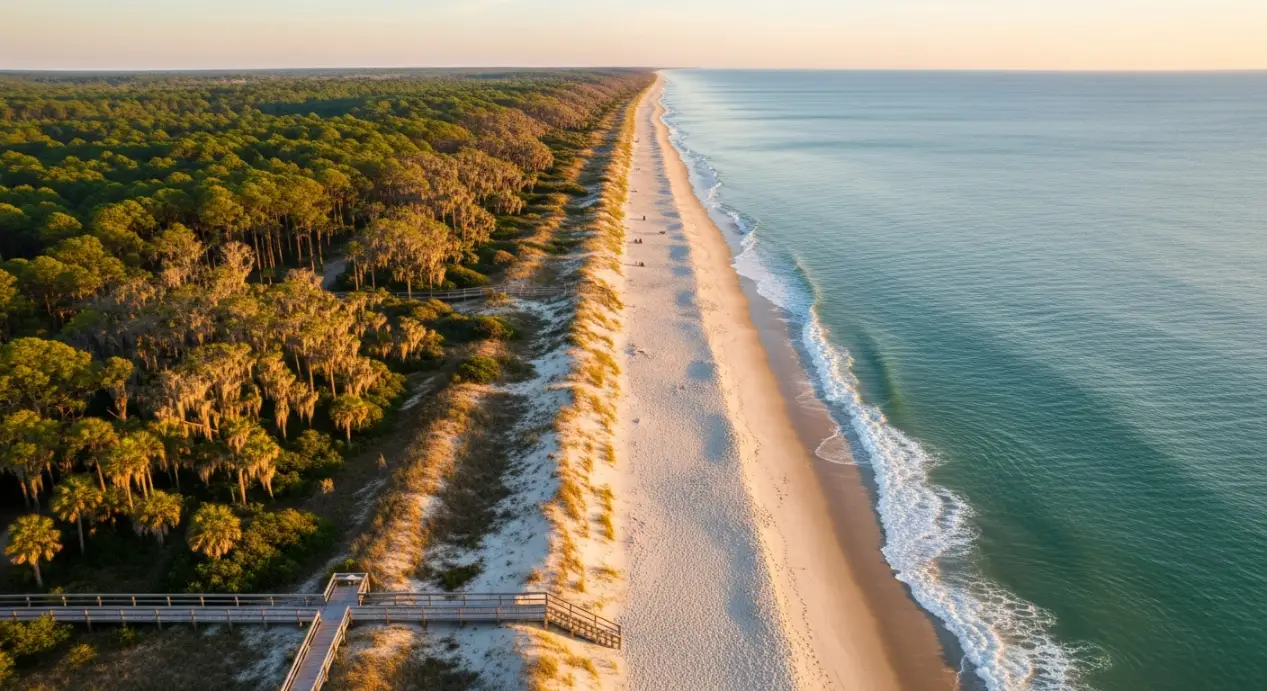 Aerial view of pristine Jekyll Island beach and maritime forest perfect for visiting Jekyll Island vacations in Georgia