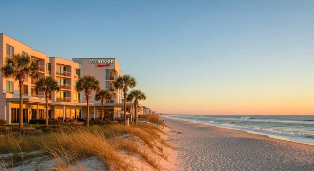 Courtyard Jekyll Island oceanfront hotel exterior at sunset with beach view - Hotel Review Courtyard Jekyll Island