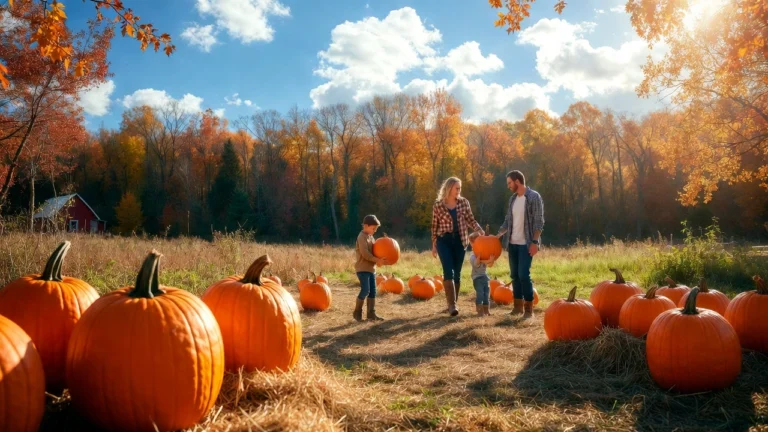 Top farms for fall fun around Madison WI showcasing family selecting pumpkins at vibrant fall farm with orange pumpkins and autumn trees in background