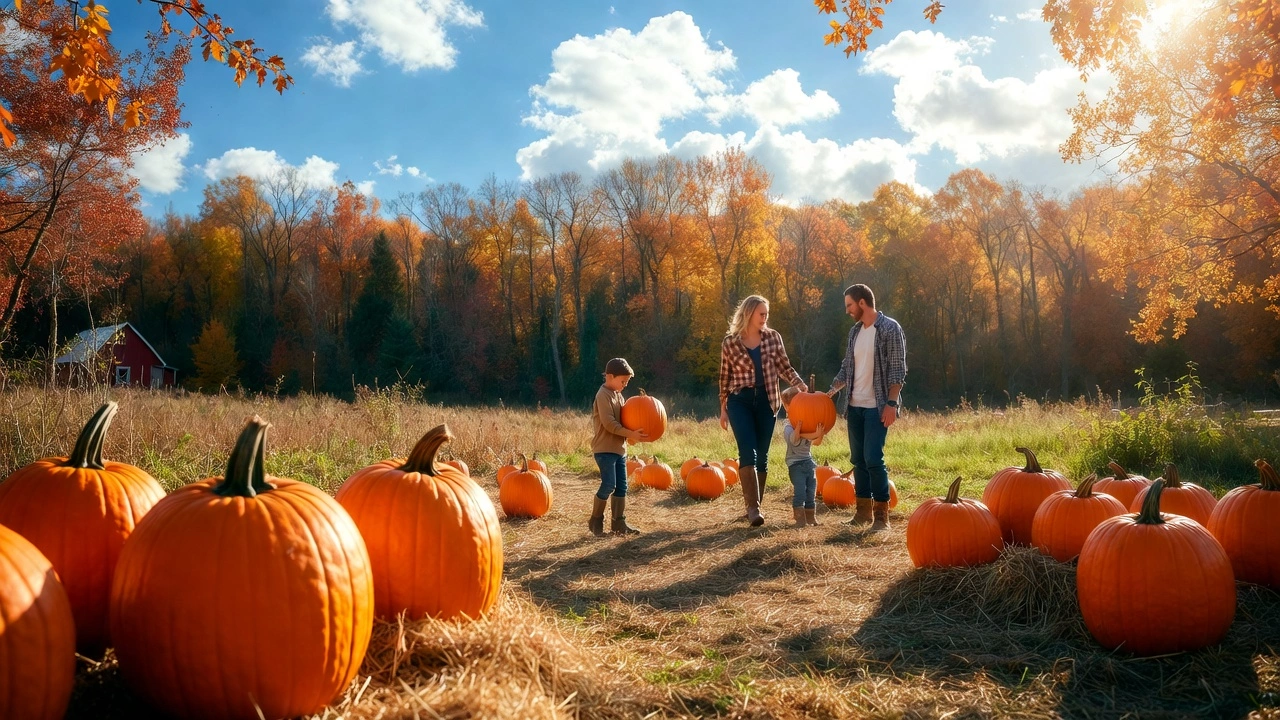 Top farms for fall fun around Madison WI showcasing family selecting pumpkins at vibrant fall farm with orange pumpkins and autumn trees in background
