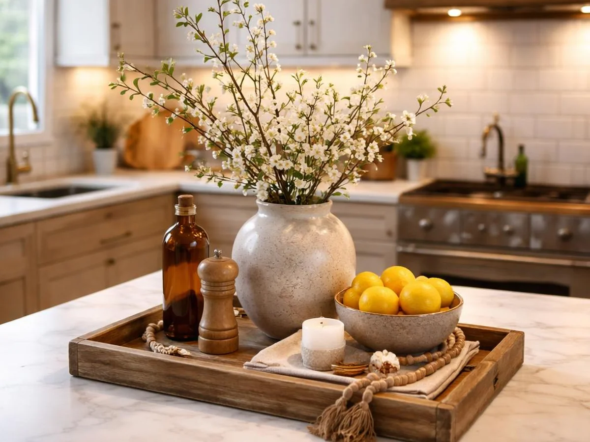 Island Centerpiece Tray - kitchen counter styling ideas
